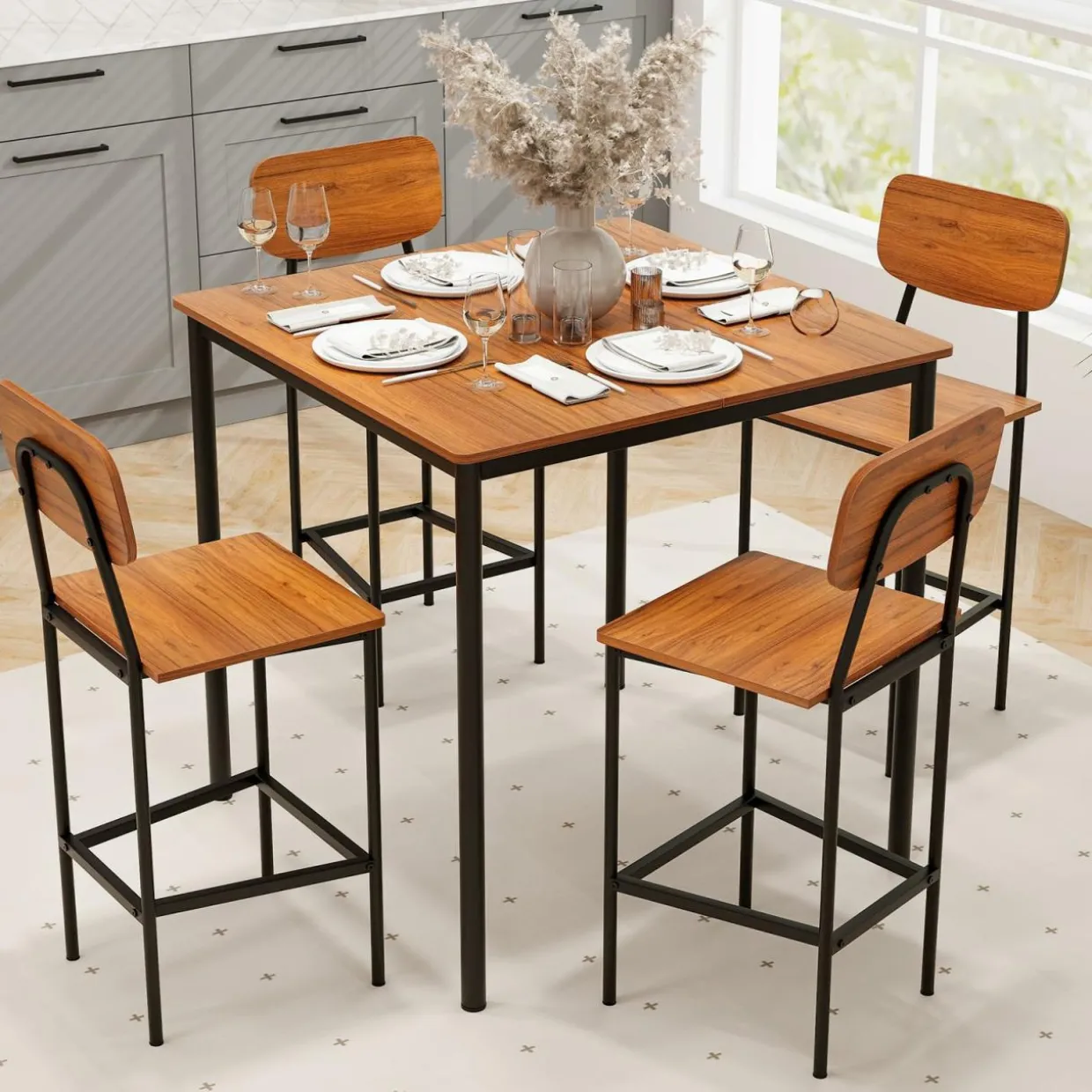 Tangkula Dining Table Set for 4, Vintage Counter-Height Dining Table & 4 Bar Chairs