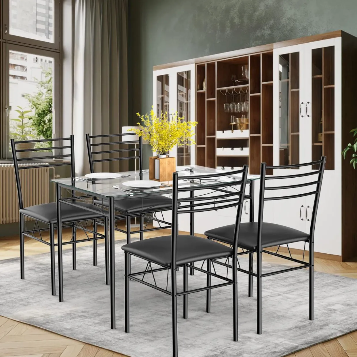 Tangkula Dining Table Set, 5 Pieces Dining Set with Tempered Glass Top Table and 4 Chairs