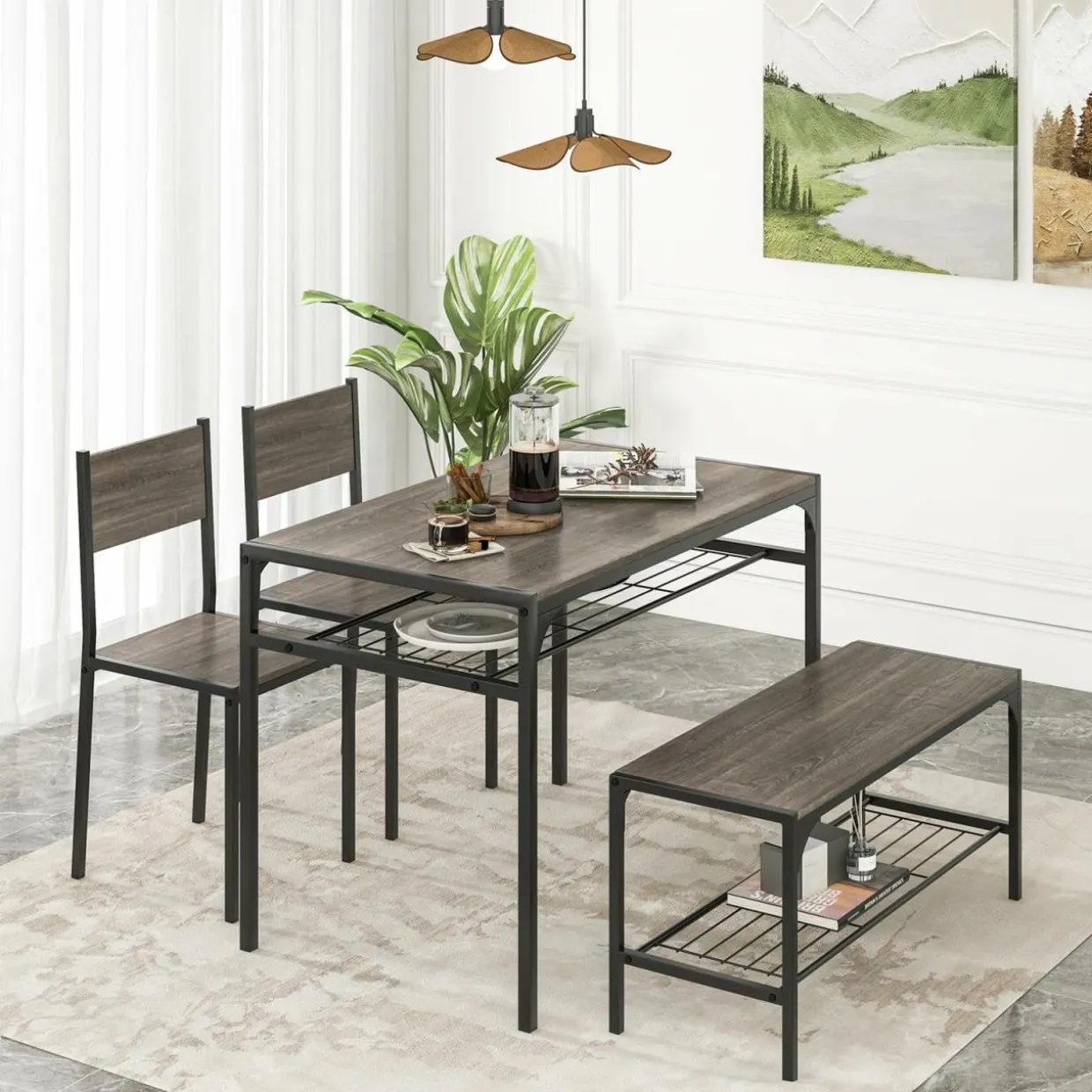 Tangkula Dining Table Set for 4, Kitchen Table with Bench and Chairs, Additonal Storage Rack