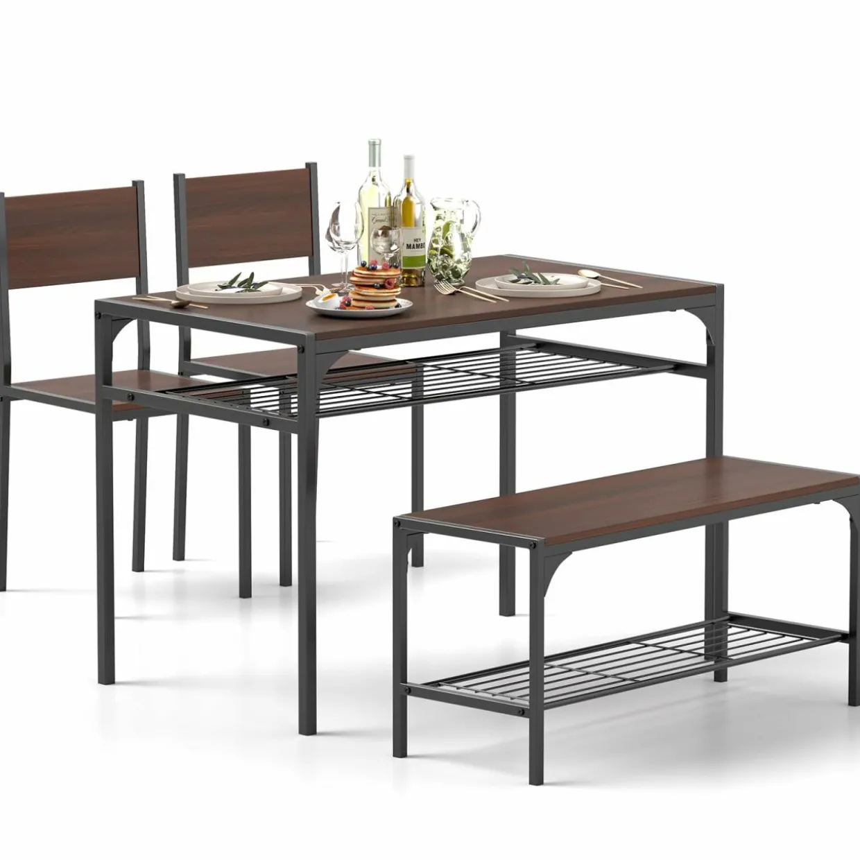 Tangkula Dining Table Set for 4, Kitchen Table with Bench and Chairs, Additonal Storage Rack