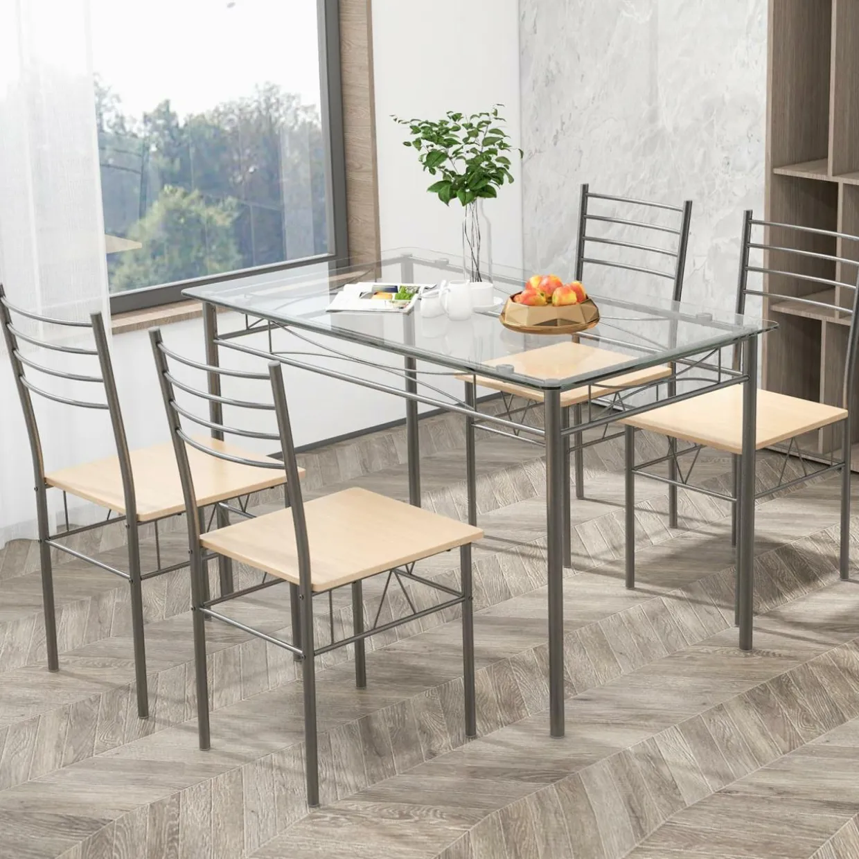 Tangkula Dining Table Set, 5 Pieces Dining Set with Tempered Glass Top Table and 4 Chairs