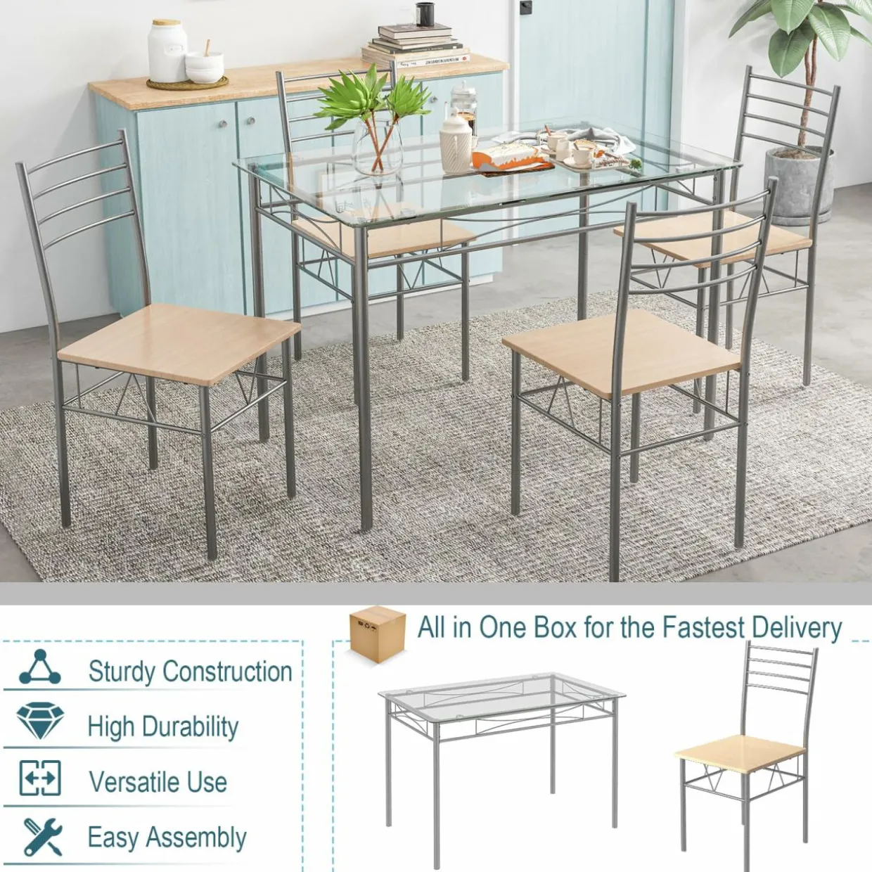 Tangkula Dining Table Set, 5 Pieces Dining Set with Tempered Glass Top Table and 4 Chairs