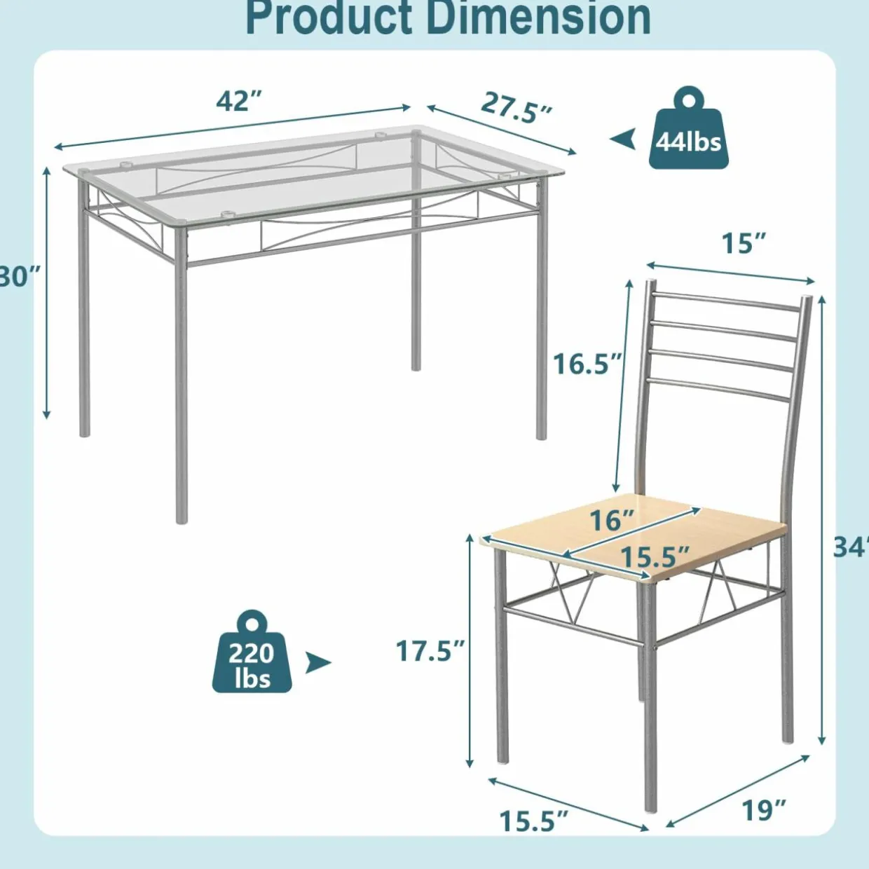 Tangkula Dining Table Set, 5 Pieces Dining Set with Tempered Glass Top Table and 4 Chairs