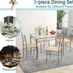 Tangkula Dining Table Set, 5 Pieces Dining Set with Tempered Glass Top Table and 4 Chairs