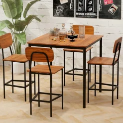 Tangkula Dining Table Set for 4, Vintage Counter-Height Dining Table & 4 Bar Chairs