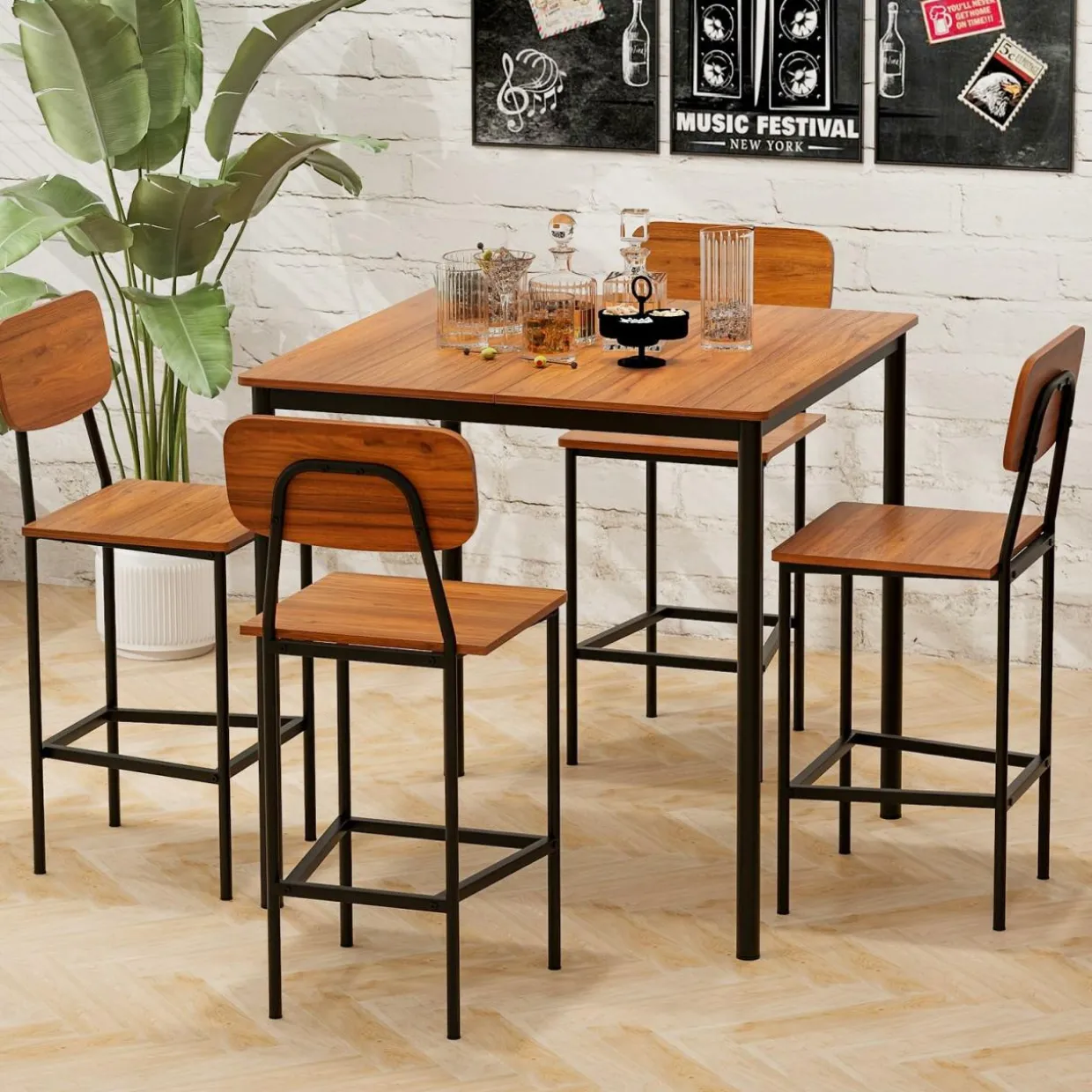 Tangkula Dining Table Set for 4, Vintage Counter-Height Dining Table & 4 Bar Chairs