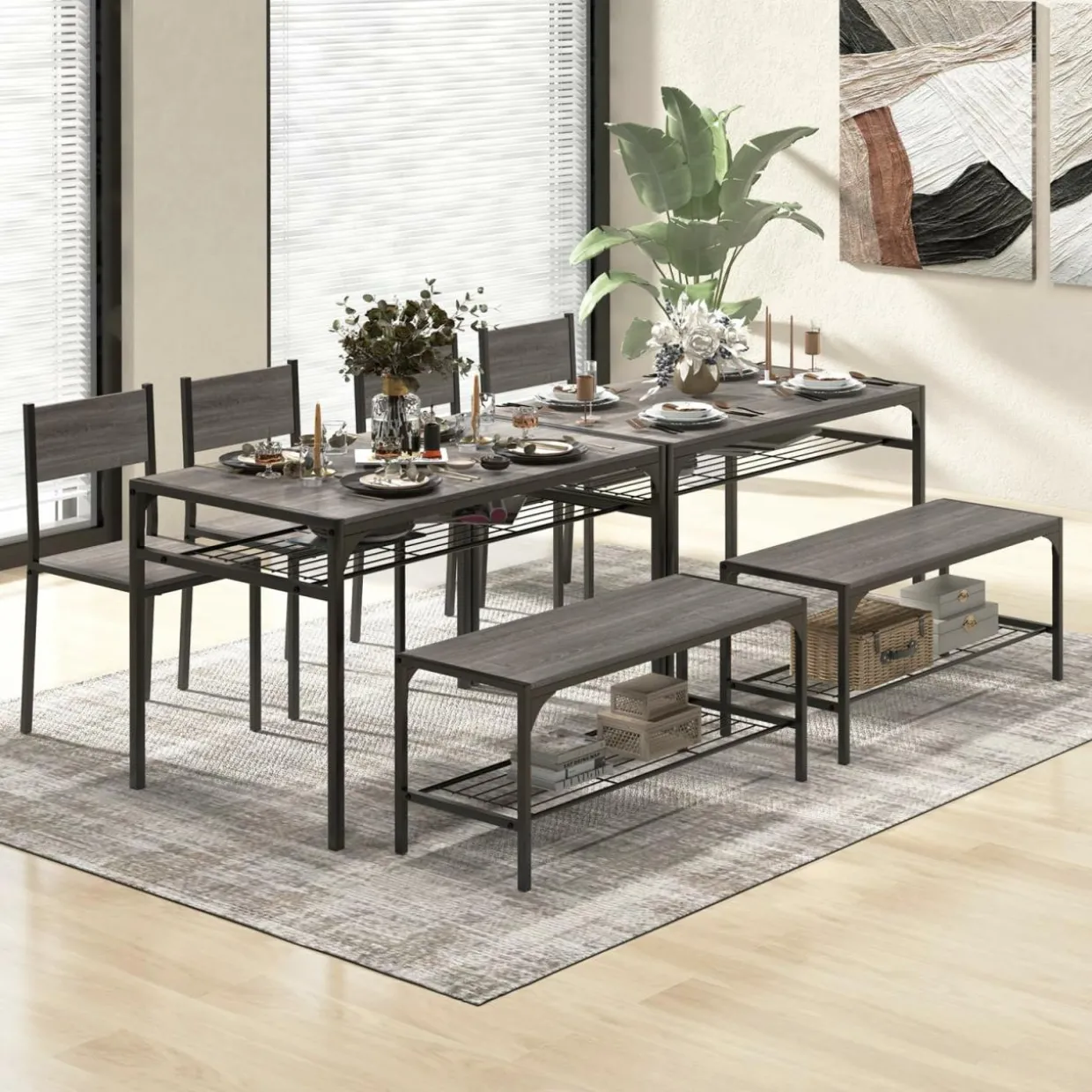 Tangkula Dining Table Set for 4, Kitchen Table with Bench and Chairs, Additonal Storage Rack