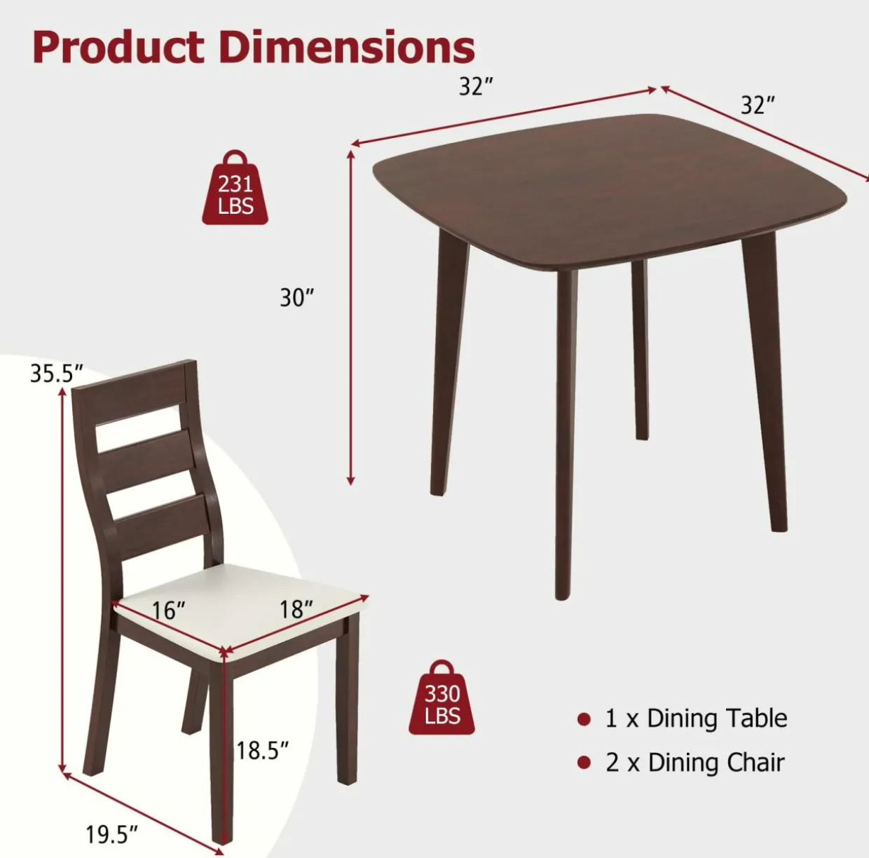 Tangkula Dining Table Set for 2, Kitchen Table and Chairs Set of 2 with Cushioned Seat