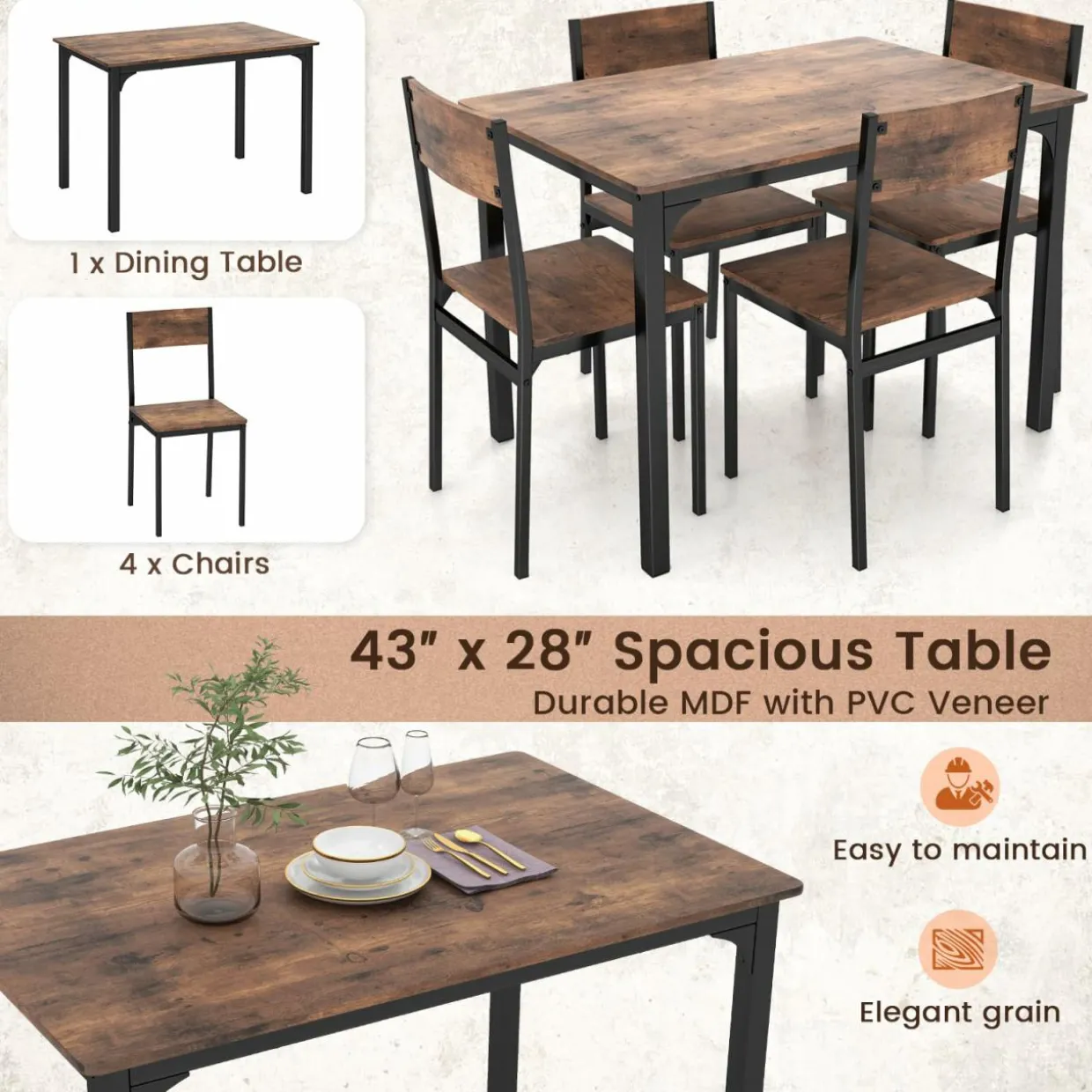 Tangkula Dining Table Set for 4, Retro Kitchen Table and Chairs Set for 4