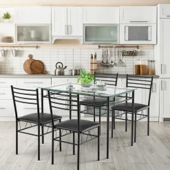 Tangkula Dining Table Set, 5 Pieces Dining Set with Tempered Glass Top Table and 4 Chairs