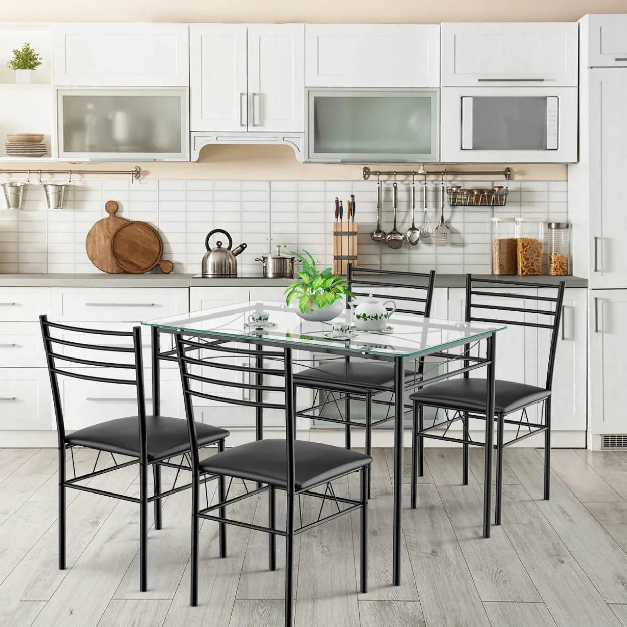 Tangkula Dining Table Set, 5 Pieces Dining Set with Tempered Glass Top Table and 4 Chairs