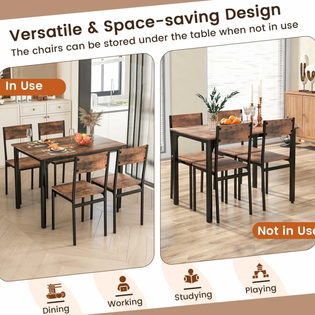 Tangkula Dining Table Set for 4, Retro Kitchen Table and Chairs Set for 4