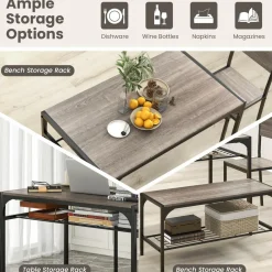 Tangkula Dining Table Set for 4, Kitchen Table with Bench and Chairs, Additonal Storage Rack