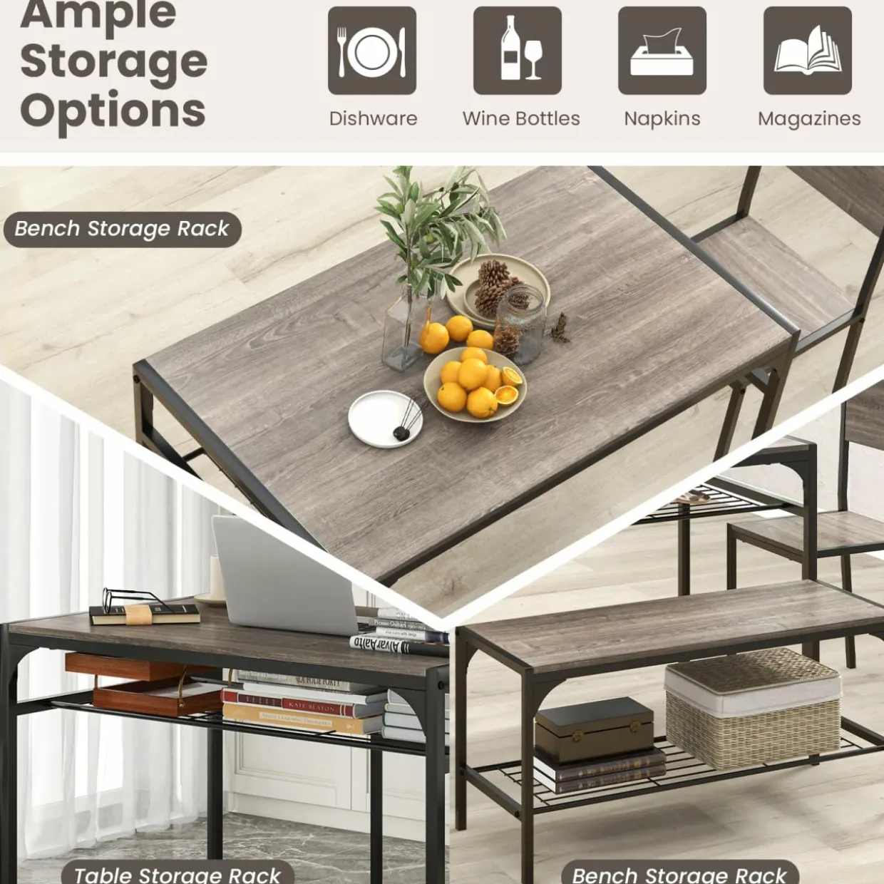 Tangkula Dining Table Set for 4, Kitchen Table with Bench and Chairs, Additonal Storage Rack