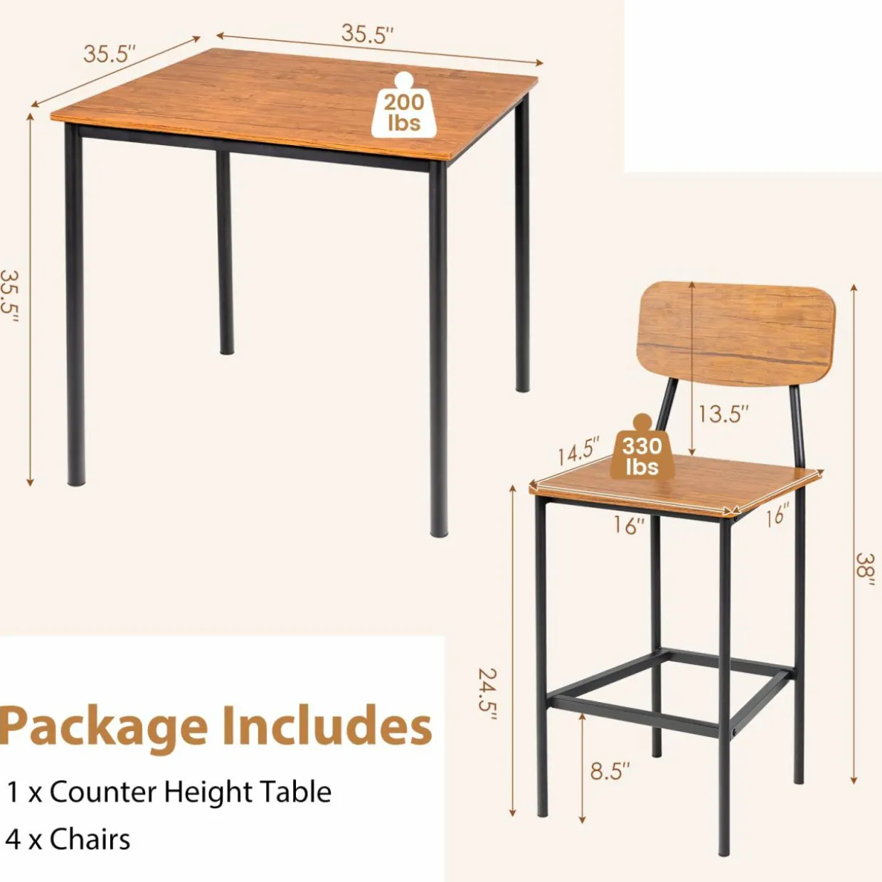 Tangkula Dining Table Set for 4, Vintage Counter-Height Dining Table & 4 Bar Chairs