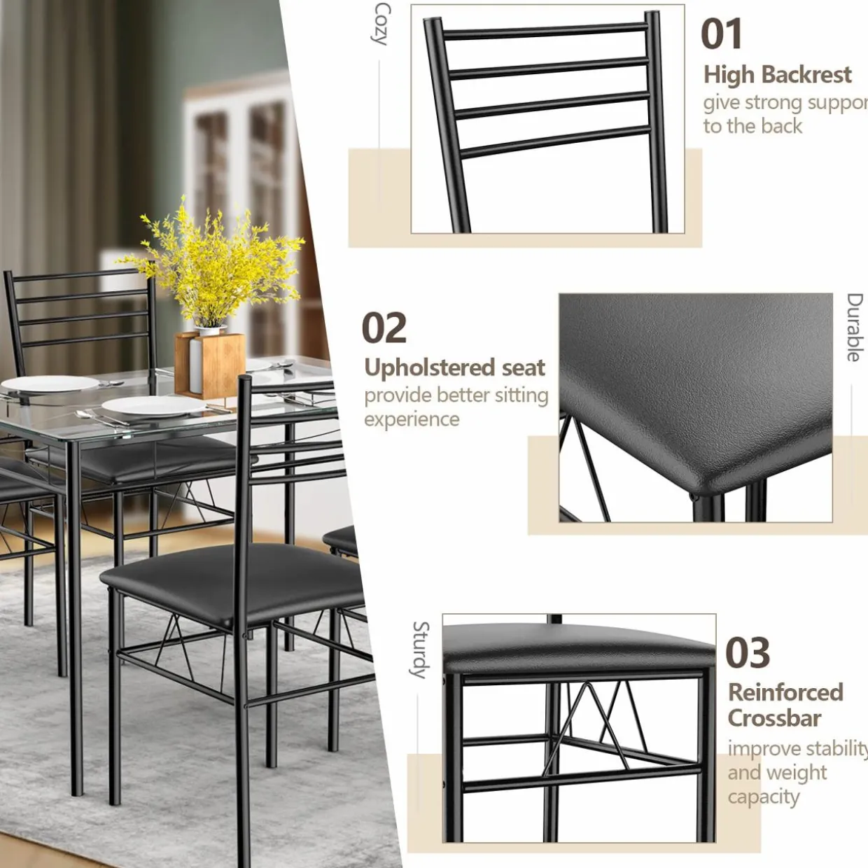 Tangkula Dining Table Set, 5 Pieces Dining Set with Tempered Glass Top Table and 4 Chairs
