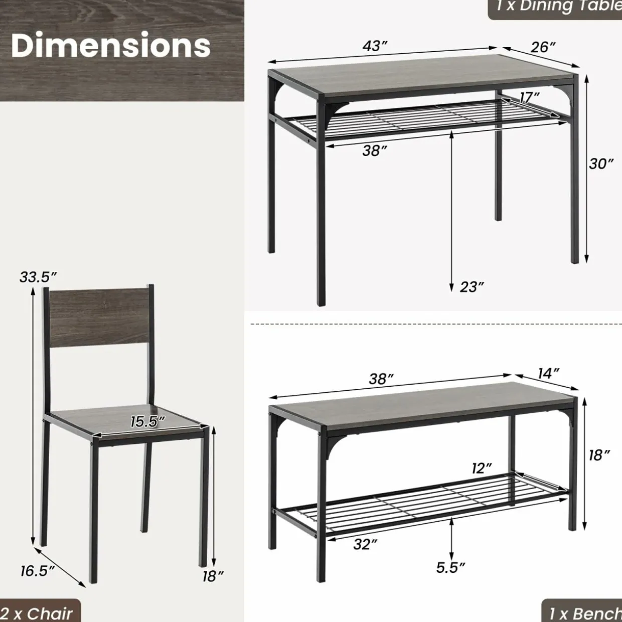 Tangkula Dining Table Set for 4, Kitchen Table with Bench and Chairs, Additonal Storage Rack