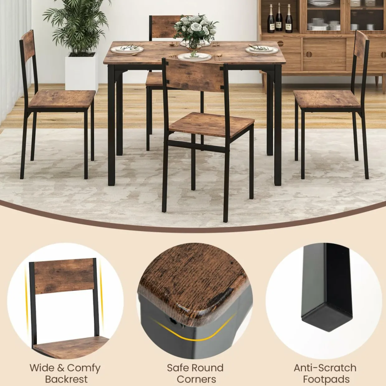 Tangkula Dining Table Set for 4, Retro Kitchen Table and Chairs Set for 4