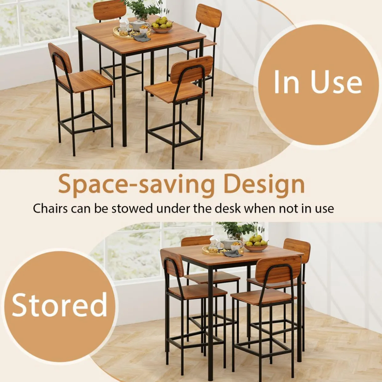 Tangkula Dining Table Set for 4, Vintage Counter-Height Dining Table & 4 Bar Chairs