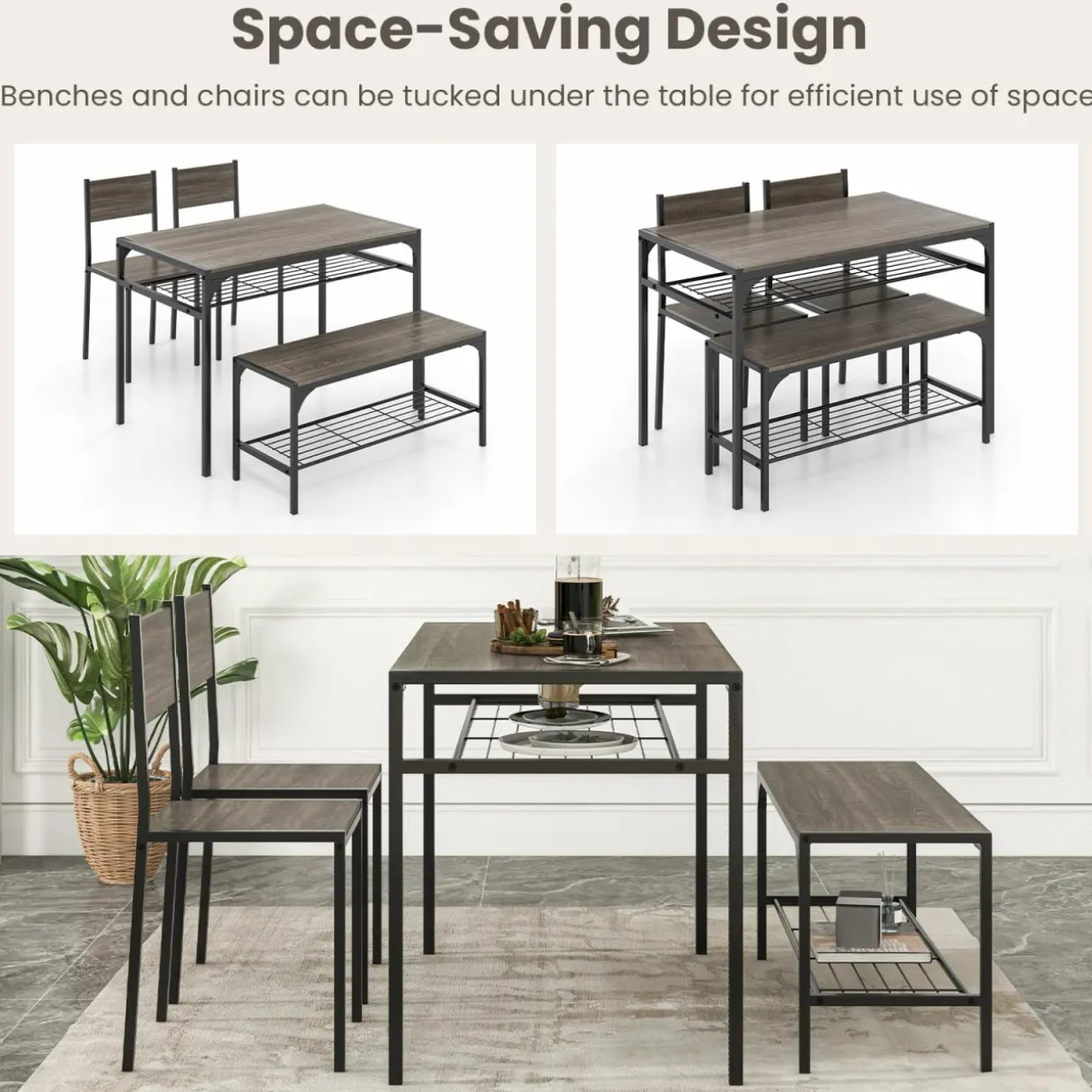 Tangkula Dining Table Set for 4, Kitchen Table with Bench and Chairs, Additonal Storage Rack