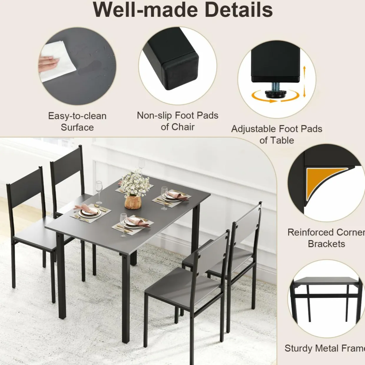 Tangkula Dining Table Set for 4, Retro Kitchen Table and Chairs Set for 4