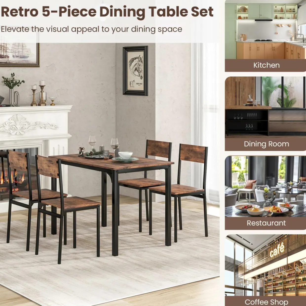 Tangkula Dining Table Set for 4, Retro Kitchen Table and Chairs Set for 4