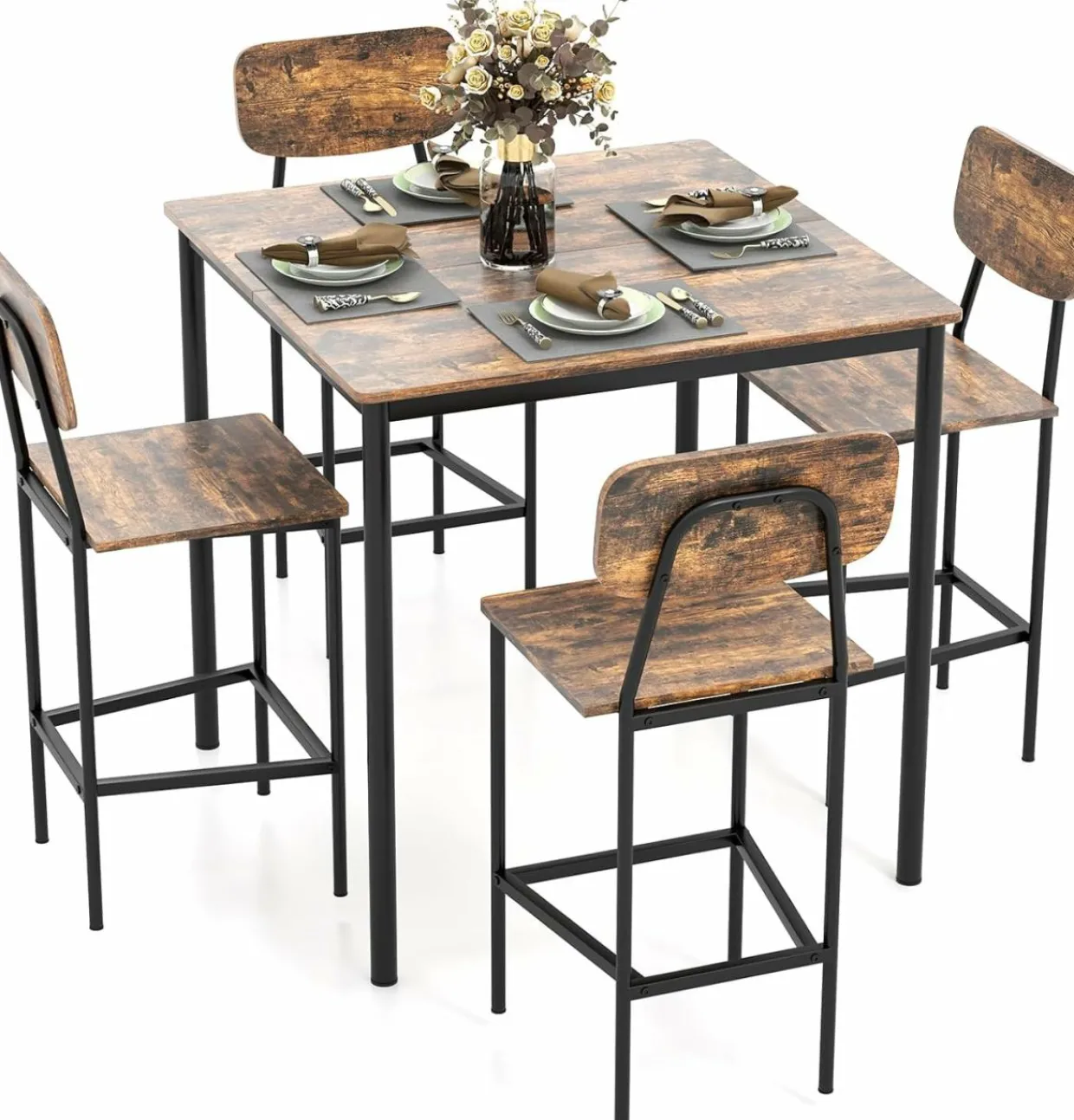 Tangkula Dining Table Set for 4, Vintage Counter-Height Dining Table & 4 Bar Chairs