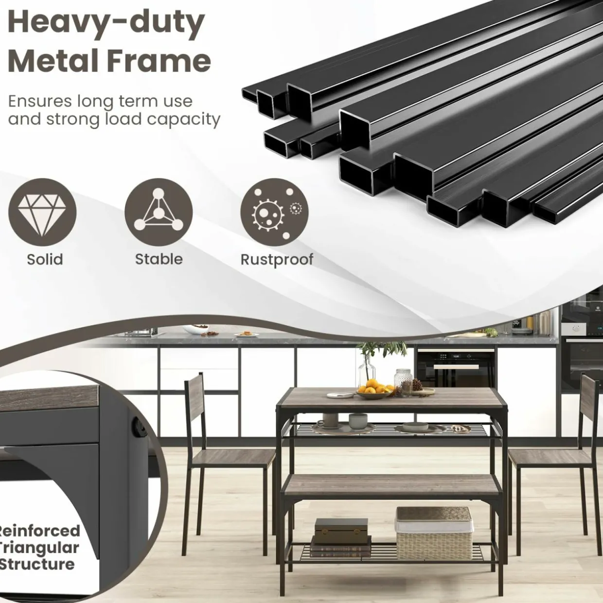 Tangkula Dining Table Set for 4, Kitchen Table with Bench and Chairs, Additonal Storage Rack