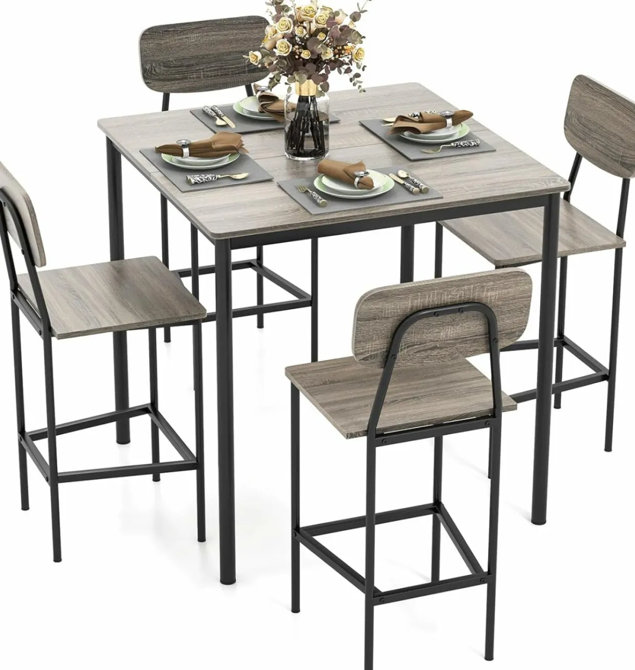 Tangkula Dining Table Set for 4, Vintage Counter-Height Dining Table & 4 Bar Chairs