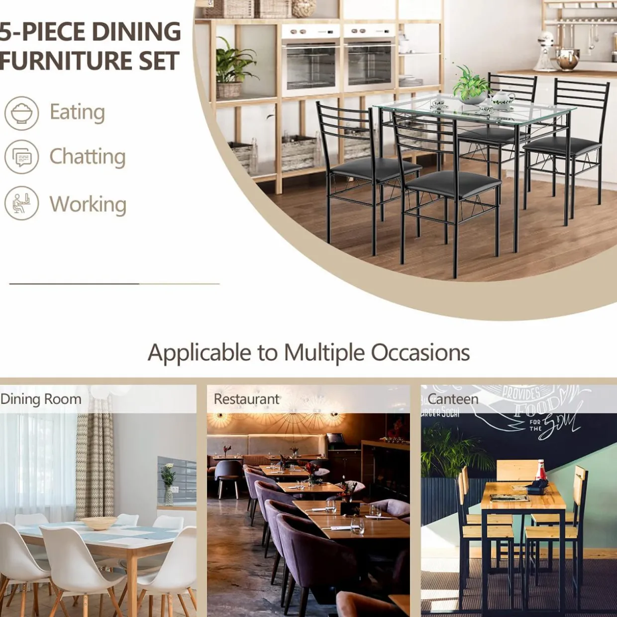 Tangkula Dining Table Set, 5 Pieces Dining Set with Tempered Glass Top Table and 4 Chairs