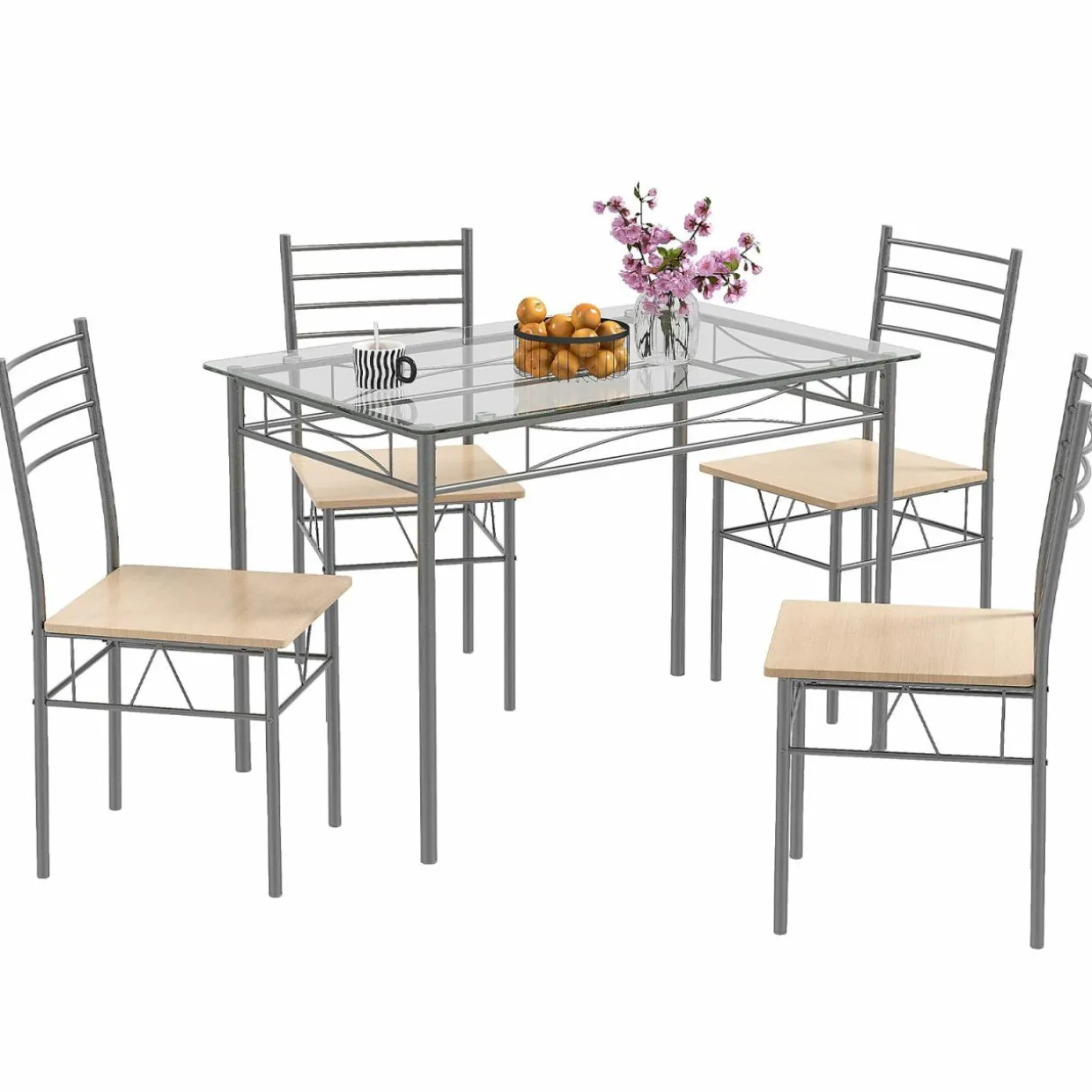 Tangkula Dining Table Set, 5 Pieces Dining Set with Tempered Glass Top Table and 4 Chairs