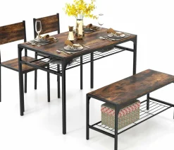 Tangkula Dining Table Set for 4, Kitchen Table with Bench and Chairs, Additonal Storage Rack