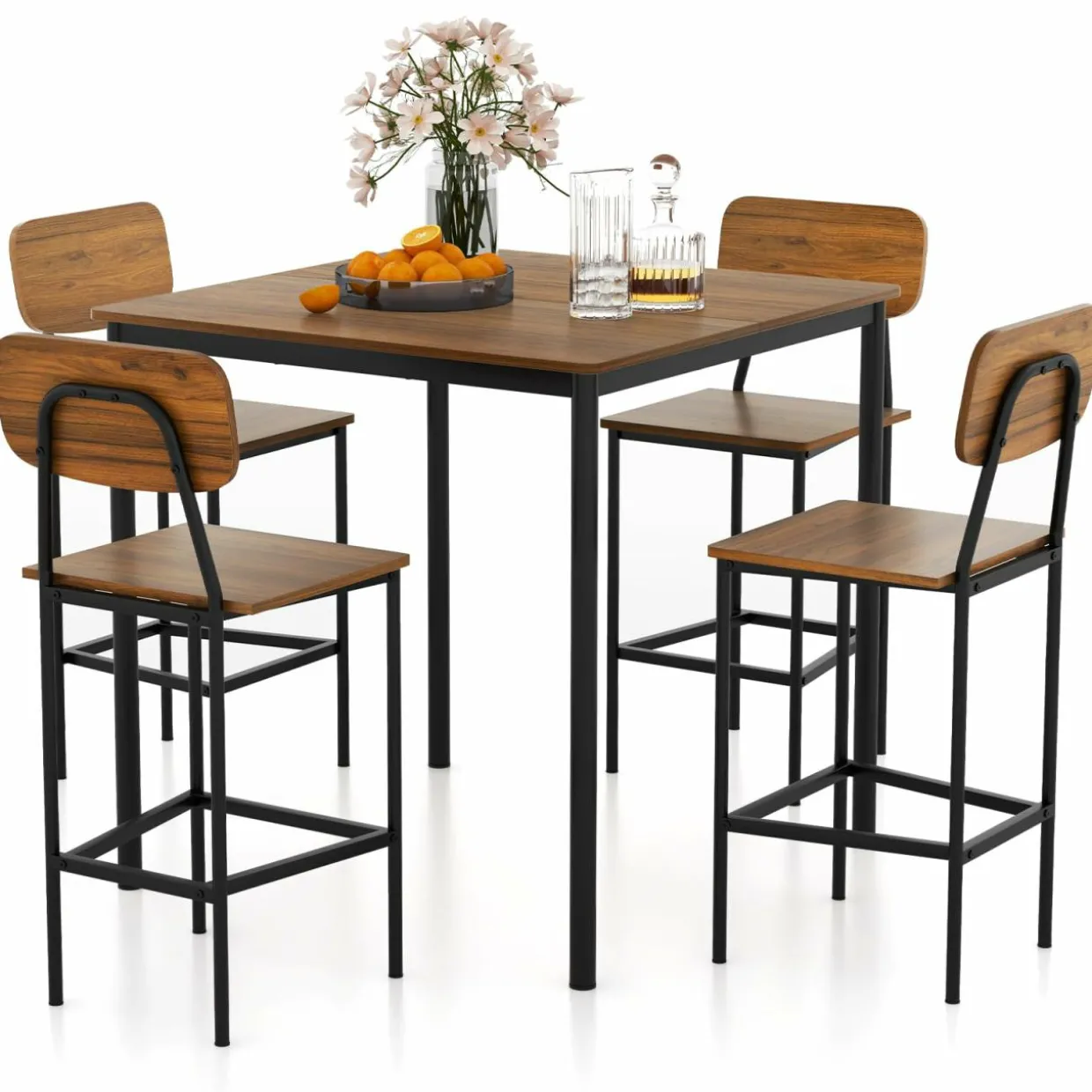 Tangkula Dining Table Set for 4, Vintage Counter-Height Dining Table & 4 Bar Chairs