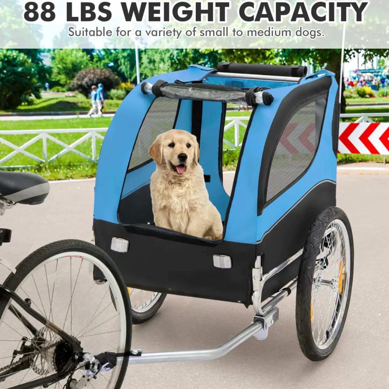 Tangkula Dog Bike Trailer, Breathable Mesh Dog Cart with 3 Entrances, Safety Flag