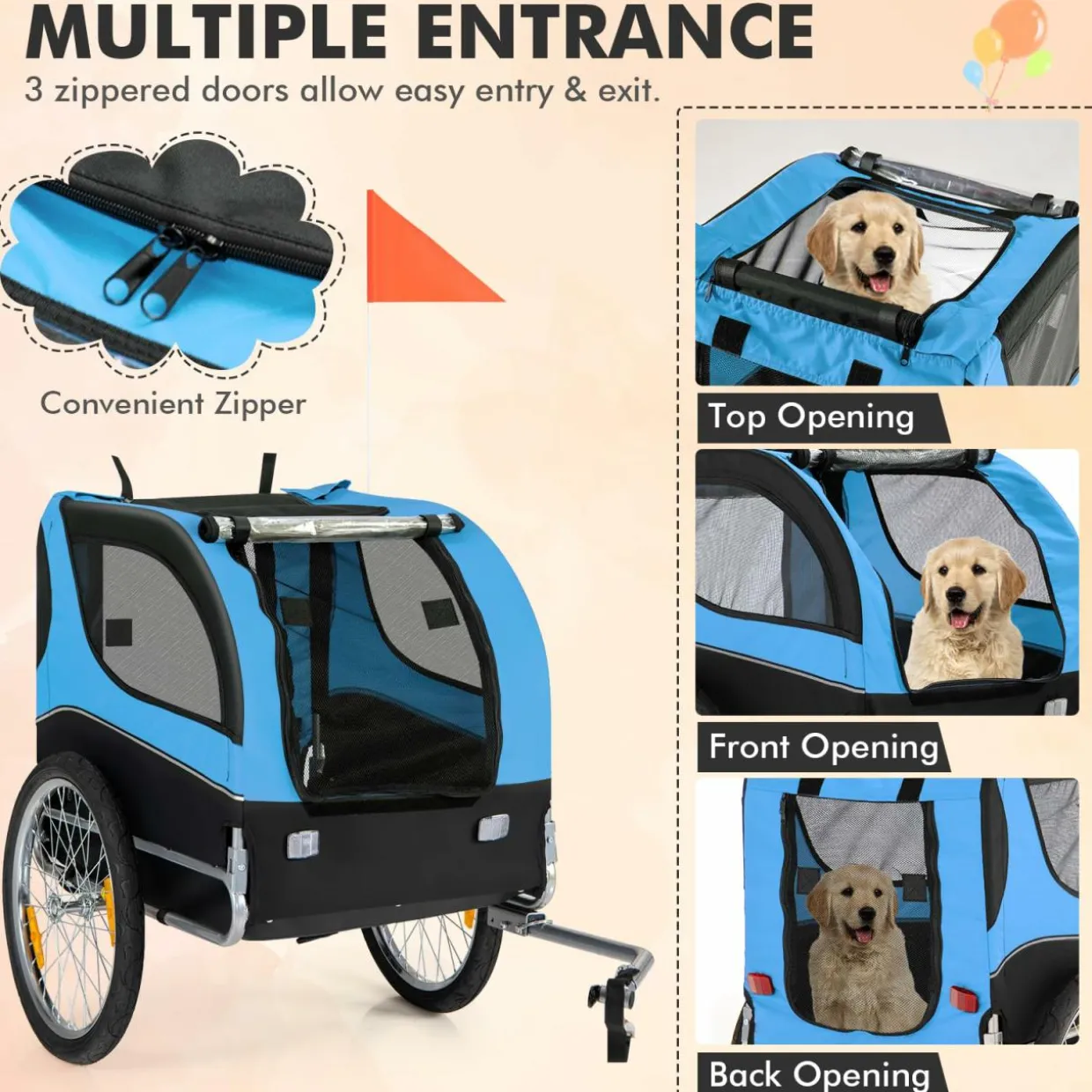 Tangkula Dog Bike Trailer, Breathable Mesh Dog Cart with 3 Entrances, Safety Flag