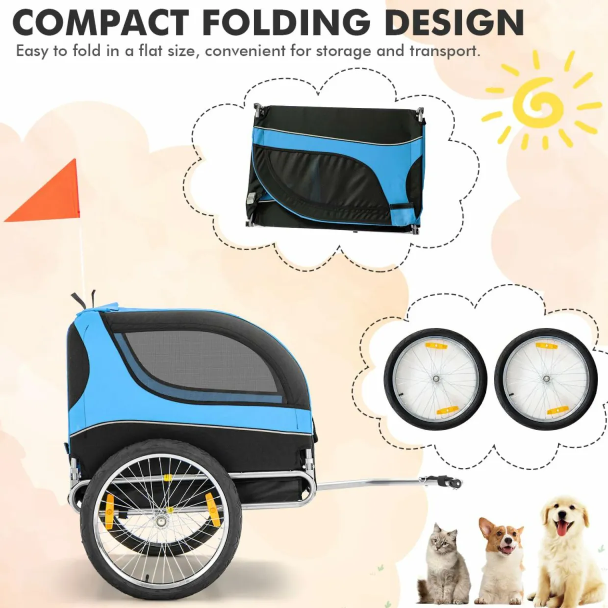 Tangkula Dog Bike Trailer, Breathable Mesh Dog Cart with 3 Entrances, Safety Flag