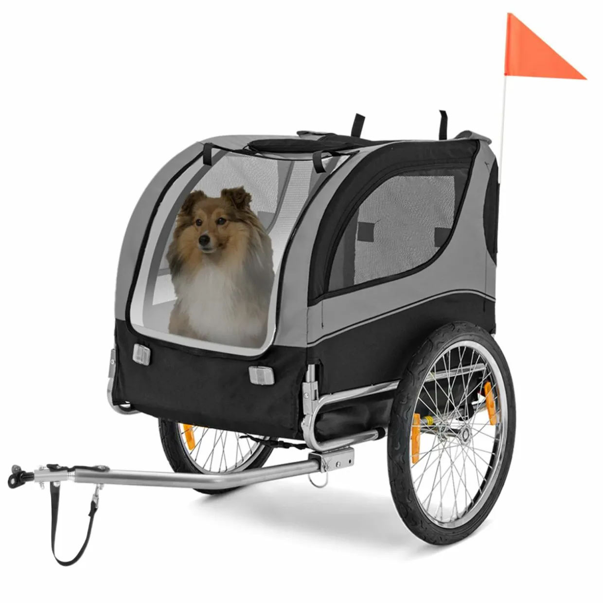 Tangkula Dog Bike Trailer, Breathable Mesh Dog Cart with 3 Entrances, Safety Flag