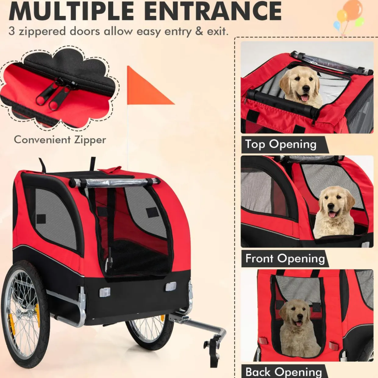 Tangkula Dog Bike Trailer, Breathable Mesh Dog Cart with 3 Entrances, Safety Flag