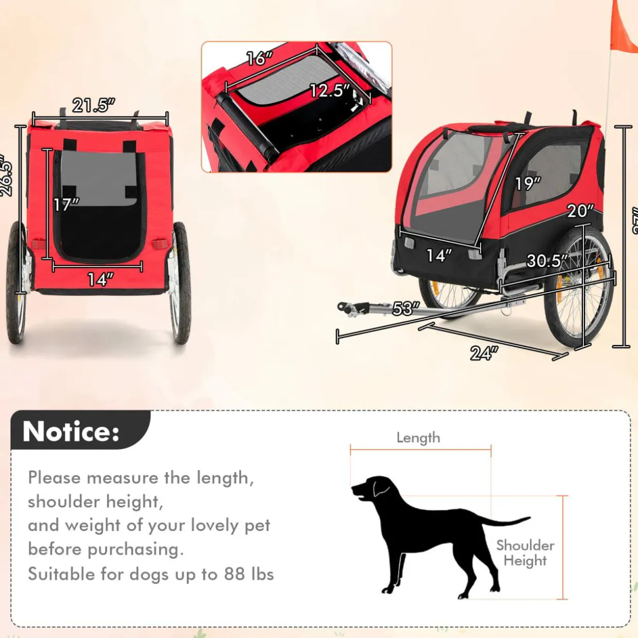 Tangkula Dog Bike Trailer, Breathable Mesh Dog Cart with 3 Entrances, Safety Flag
