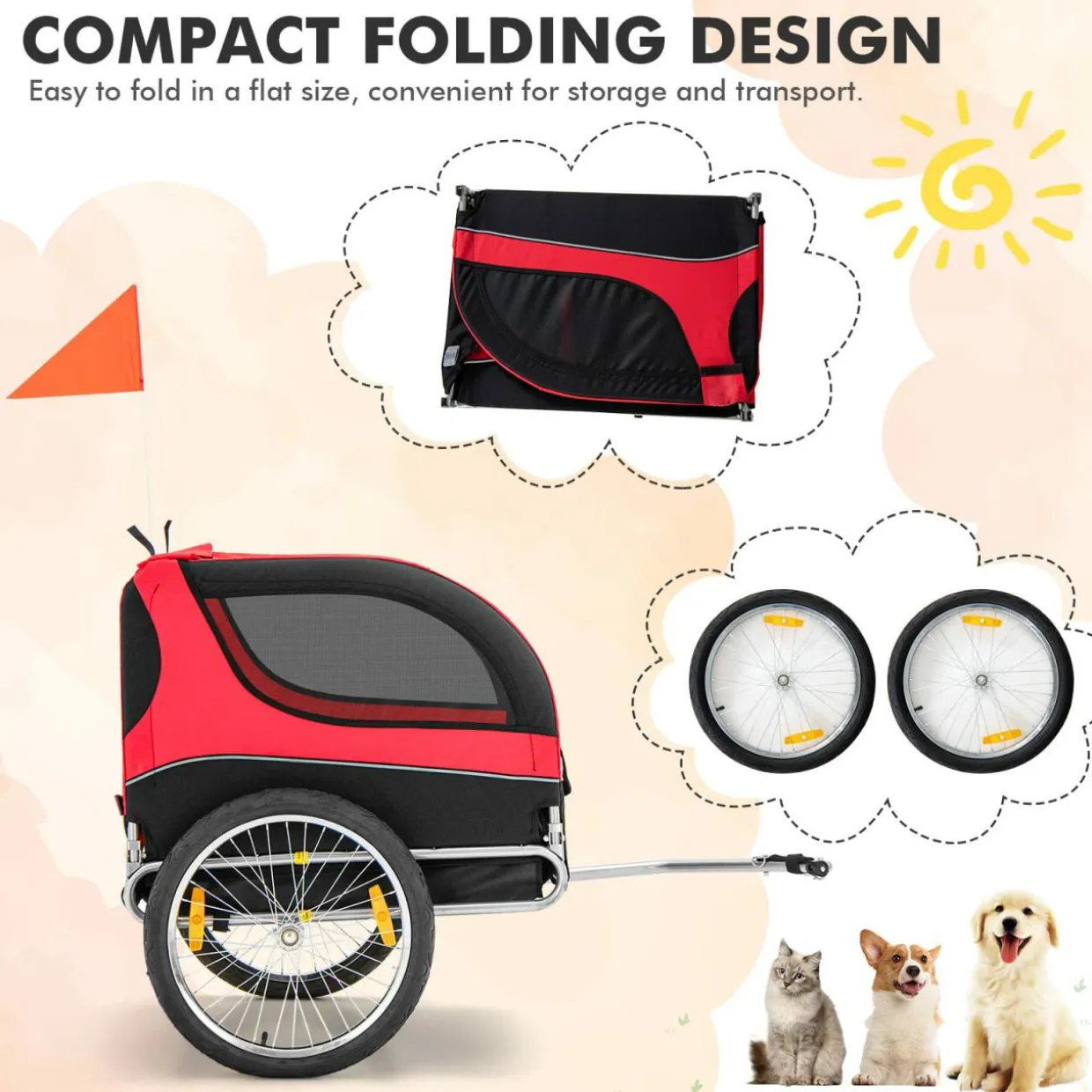 Tangkula Dog Bike Trailer, Breathable Mesh Dog Cart with 3 Entrances, Safety Flag