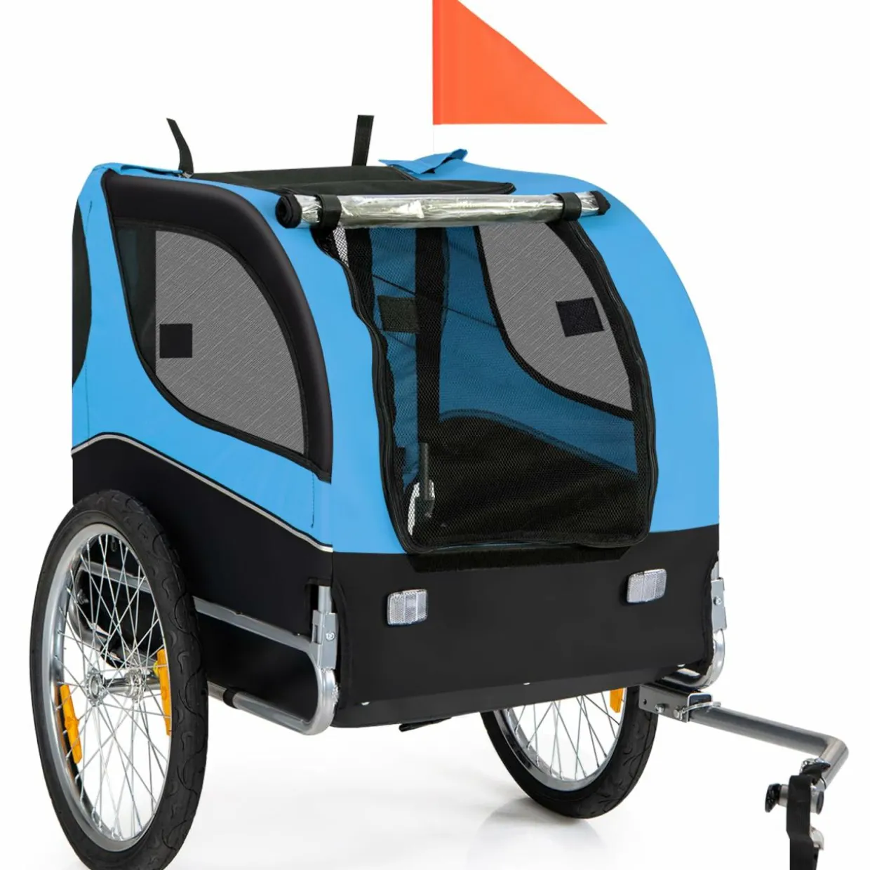 Tangkula Dog Bike Trailer, Breathable Mesh Dog Cart with 3 Entrances, Safety Flag