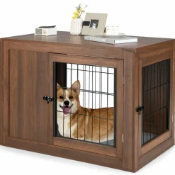 Tangkula Dog Crate Furniture, Pet Crate End Table with Cushion
