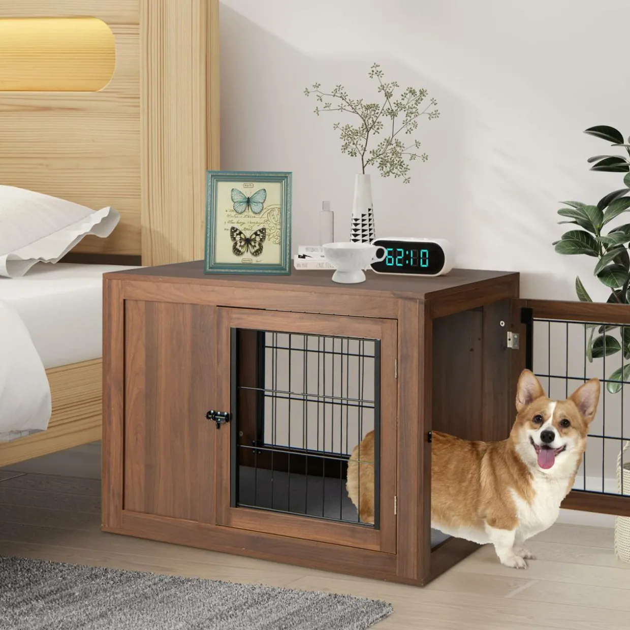 Tangkula Dog Crate Furniture, Pet Crate End Table with Cushion