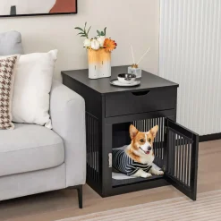 Tangkula Dog Crate Furniture, Decorative Dog Kennel End Table with Storage Drawer