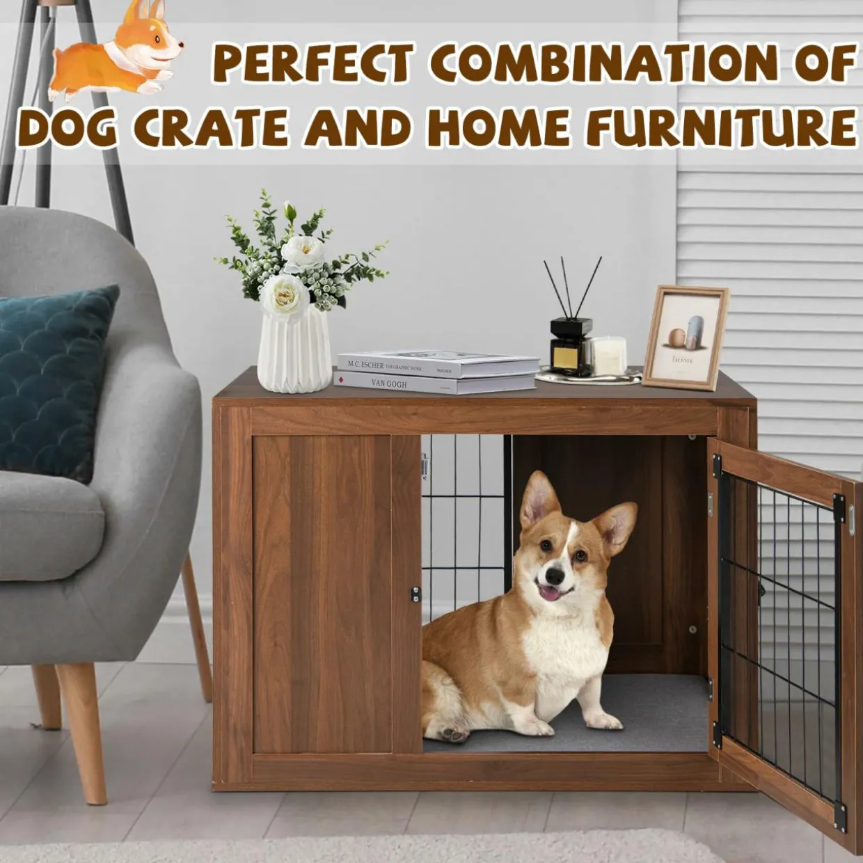 Tangkula Dog Crate Furniture, Pet Crate End Table with Cushion