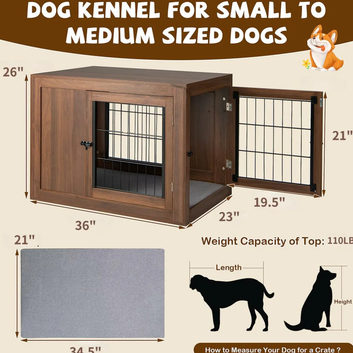 Tangkula Dog Crate Furniture, Pet Crate End Table with Cushion