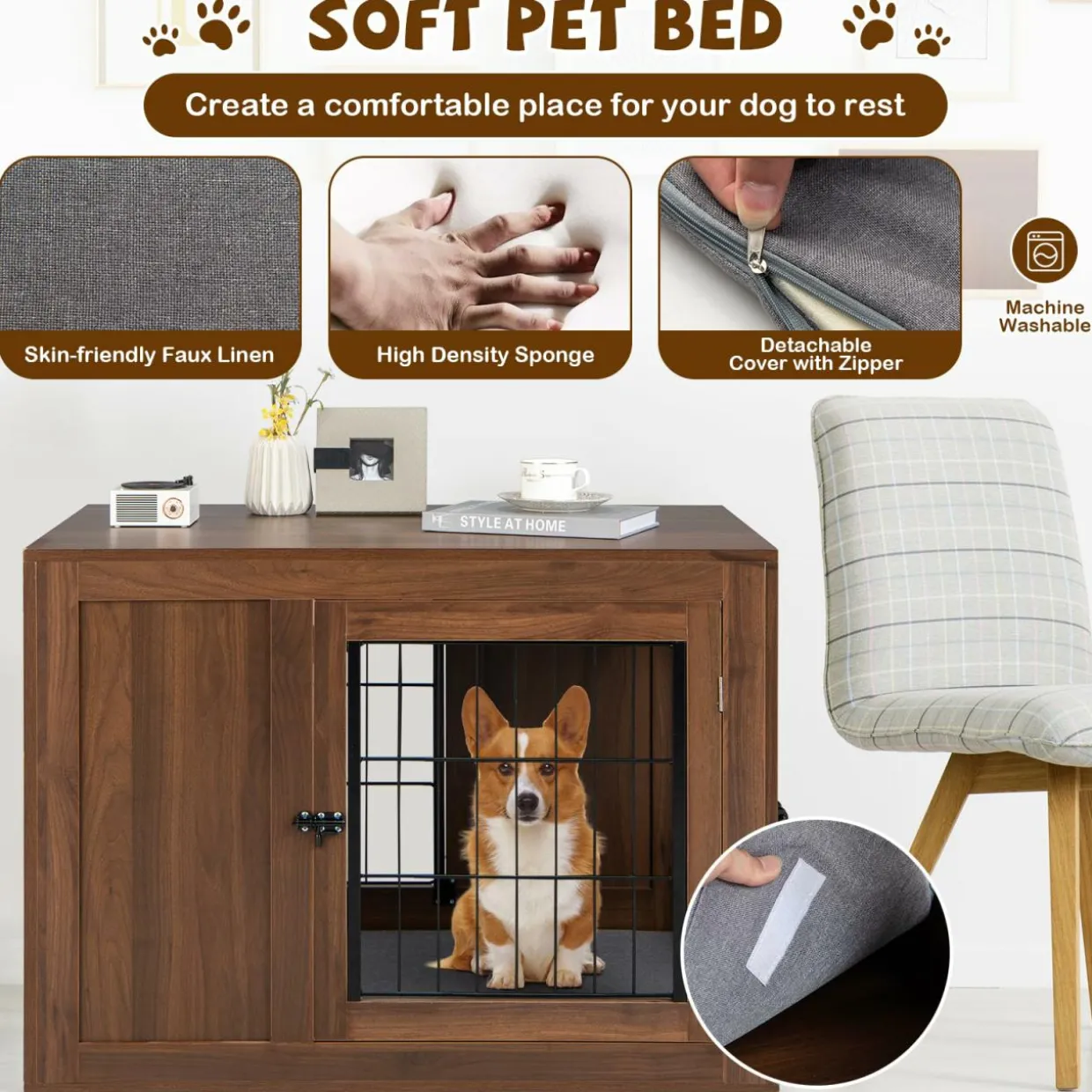 Tangkula Dog Crate Furniture, Pet Crate End Table with Cushion