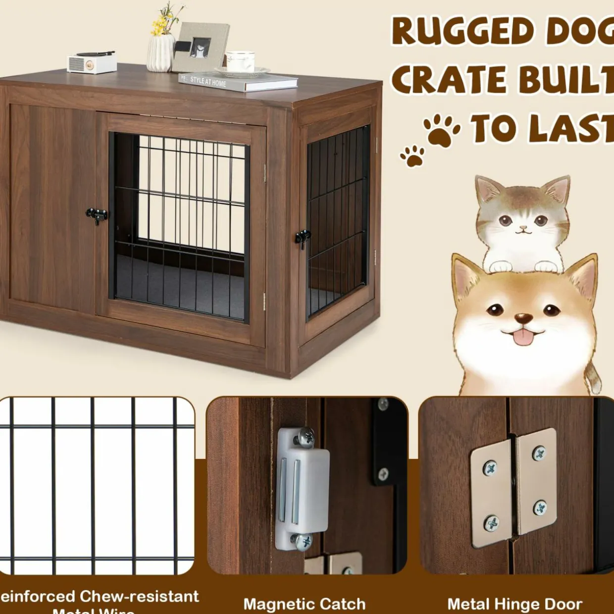 Tangkula Dog Crate Furniture, Pet Crate End Table with Cushion