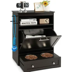 Tangkula Dog Food Storage Cabinet with Stainless Steel Double Pull Out Raised Dog Bowls for Feeding & Watering Supplies
