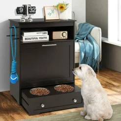 Tangkula Dog Food Storage Cabinet with Stainless Steel Double Pull Out Raised Dog Bowls for Feeding & Watering Supplies